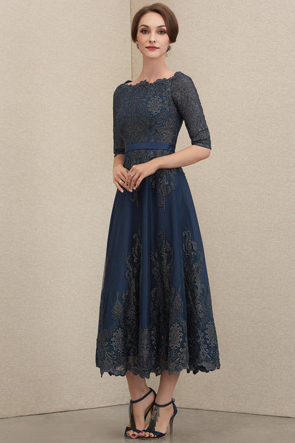 Robe Trapèze Bleue Dentelle Satin Soirée - gallery 2