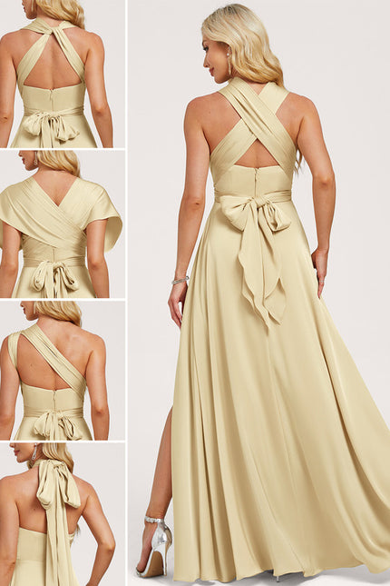 Robe Trapèze Beige Satin Décolleté Asymétrique - gallery 1
