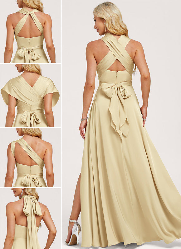 Robe Trapèze Beige Satin Décolleté Asymétrique - gallery 1