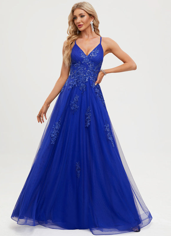 Robe Trapèze Bleu Lumineux Tulle - gallery 1