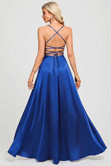 Robe Trapèze Satin Bleu Profond - gallery 2