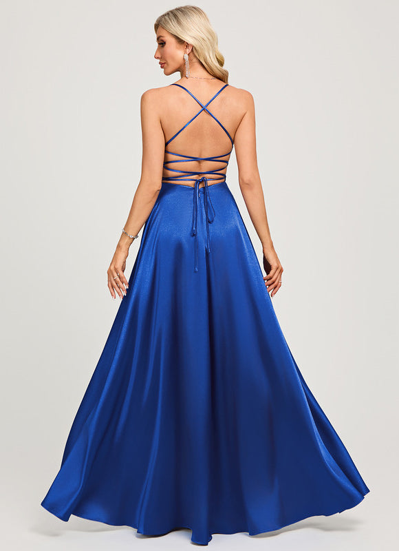Robe Trapèze Satin Bleu Profond - gallery 2