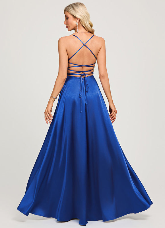 Robe Trapèze Satin Bleu Profond - gallery 2