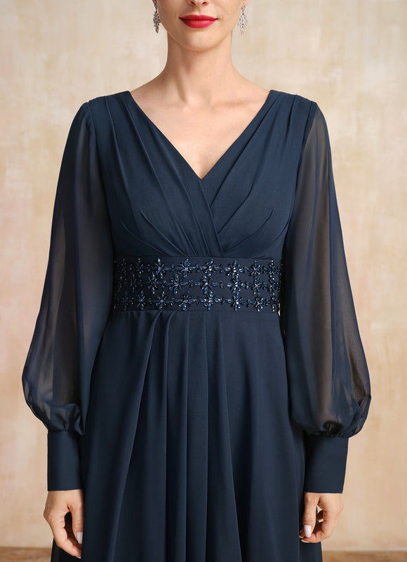 Robe Trapèze Bleu Marine Longue Mousseline Volants Perles Paillettes - gallery 6