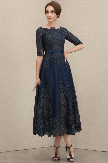 Robe Trapèze Bleue Dentelle Satin Soirée - gallery 3