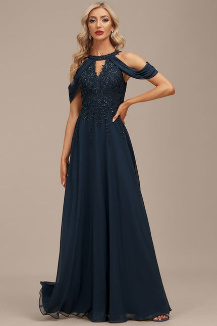 Robe Trapèze Bleu Marine Soiréeà Paillettes - gallery 6