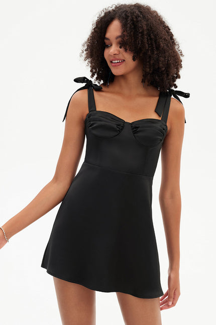 Robe Trapèze Noir Satiné - gallery 3