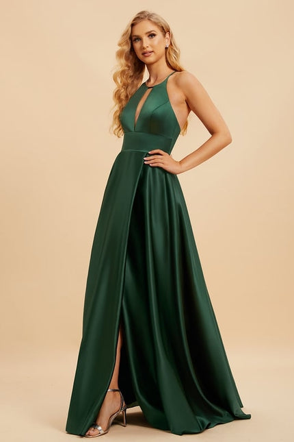 Robe Trapèze Vert Satin Longue - gallery 3