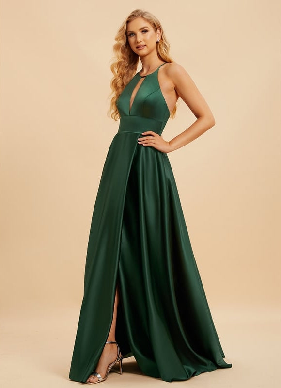 Robe Trapèze Vert Satin Longue - gallery 3