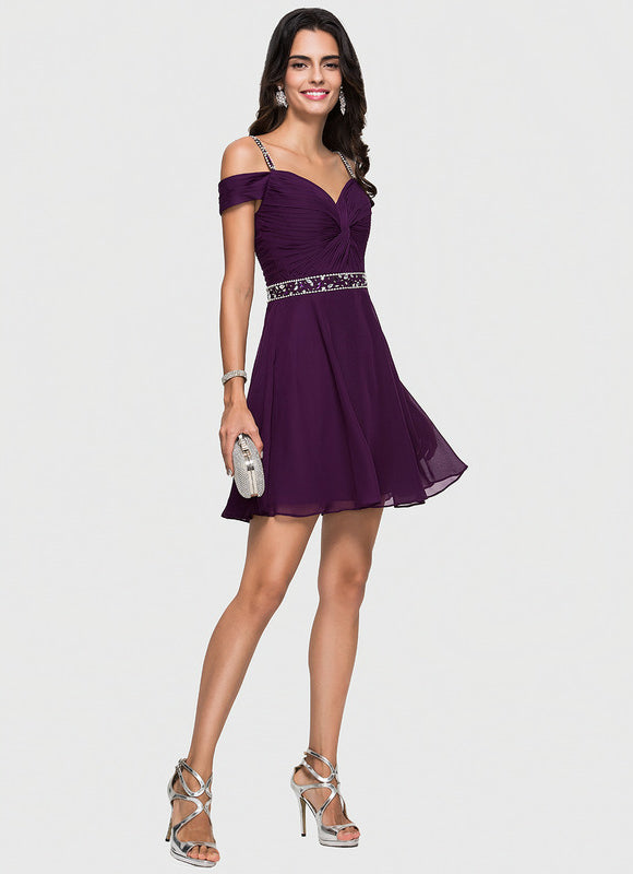 Robe Trapèze Violet Mousseline À Paillettes - gallery 4