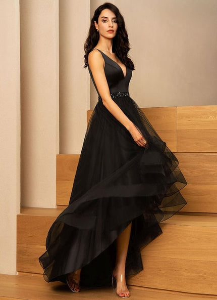 Robe Trapèze Noir Satiné Élancé