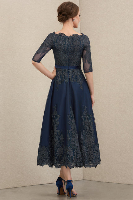 Robe Trapèze Bleue Dentelle Satin Soirée - gallery 1