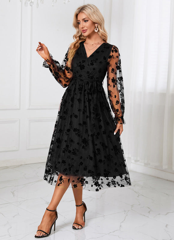 Robe Trapèze Noir Floral Aérien - gallery 1