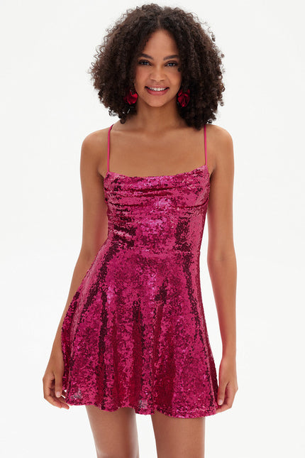 Robe Trapèze Pailletée Fuchsia - gallery 5