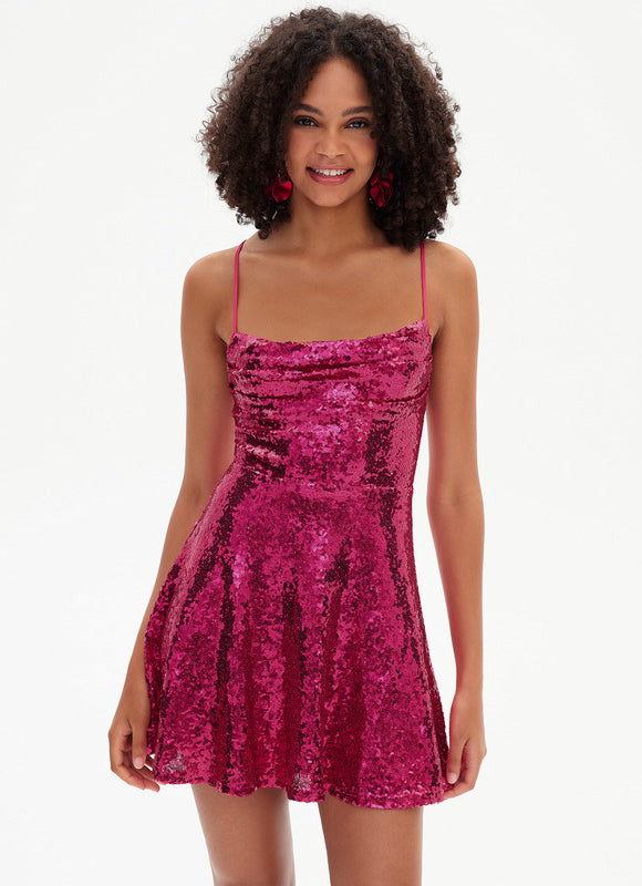 Robe Trapèze Pailletée Fuchsia - gallery 5
