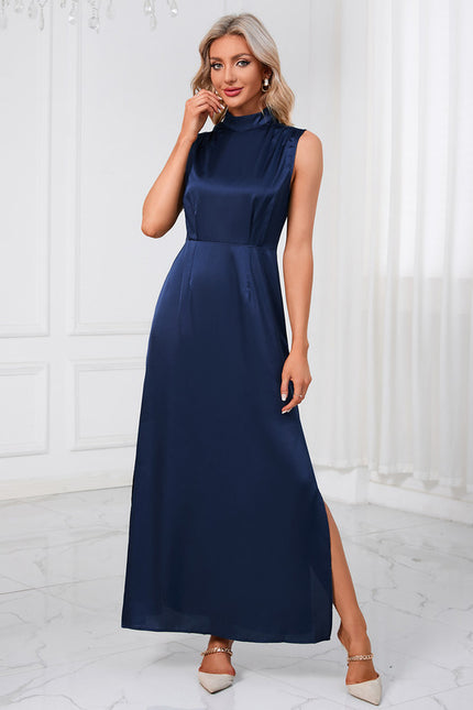 Robe Trapèze Satin Bleu Nuit - gallery 2