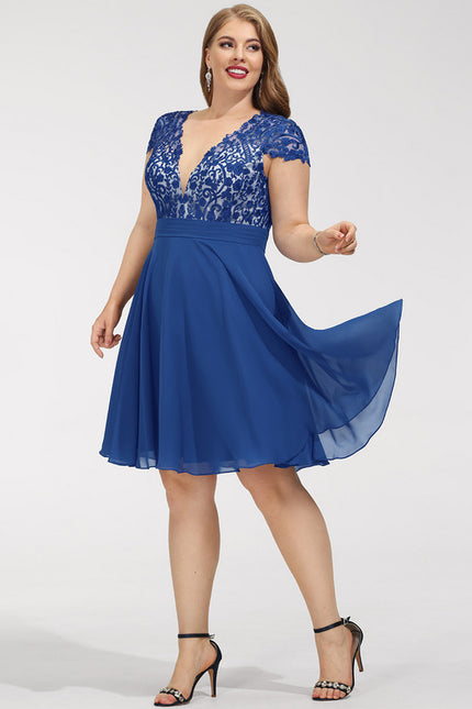Robe Trapèze Bleue Dentelle Mousseline Volants - gallery 5