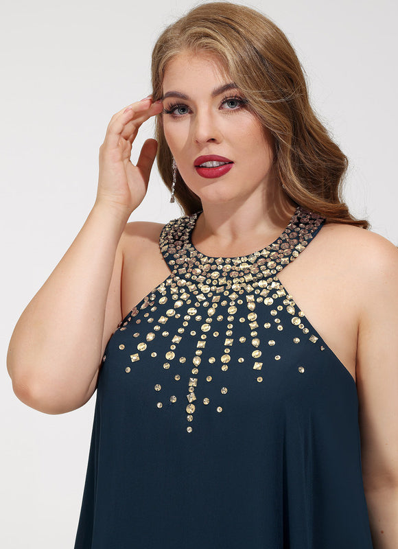 Robe Trapèze Bleue Navy Perlée Asymétrique - gallery 9