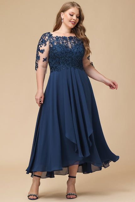 Robe Trapèze Bleu Marine Dentelle Mousseline - gallery 9