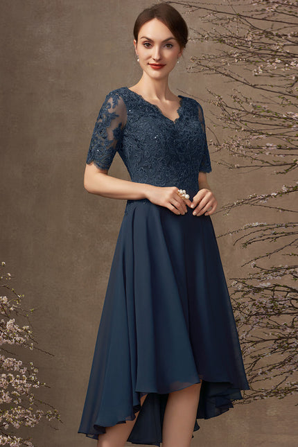 Robe Trapèze Bleu Marine Dentelle Mousseline - gallery 4