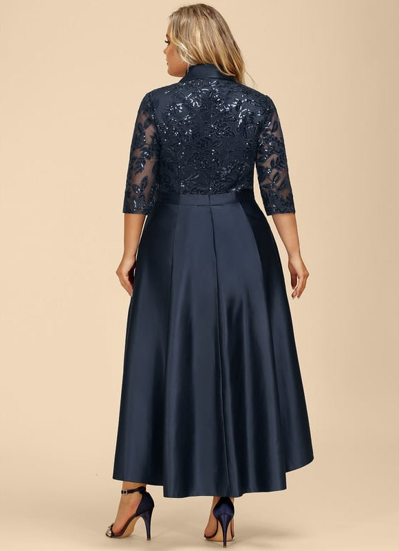 Robe Trapèze Bleue Satin Dentelle Paillettes - gallery 8