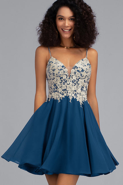 Robe Trapèze Bleu Marine Dentelle Et Mousseline - gallery 1