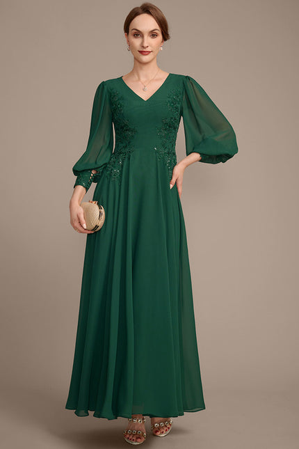 Robe Trapèze Verte En Mousseline Et Dentelle - gallery 2