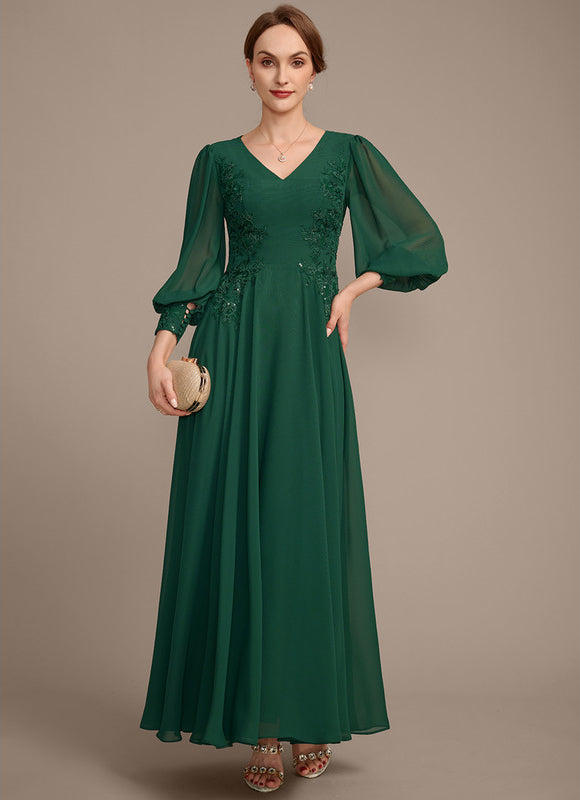 Robe Trapèze Verte En Mousseline Et Dentelle - gallery 2