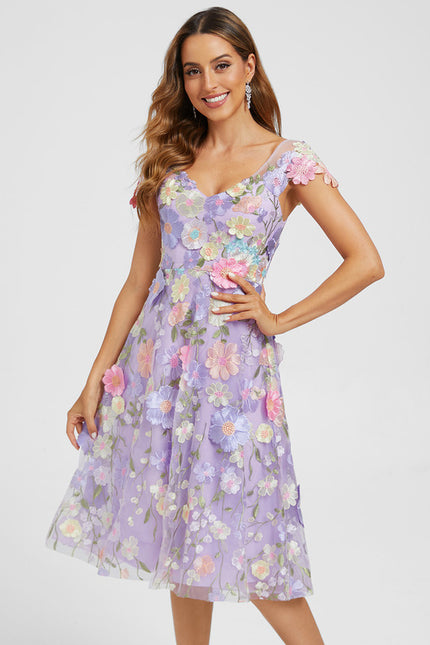 Robe Trapèze Violette Floral Dentelle 3D