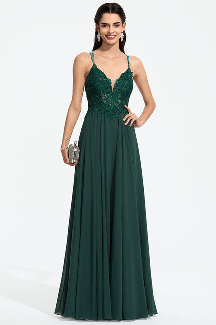 Robe Trapèze Verte En Mousseline Avec Perles Et Paillettes - gallery 3