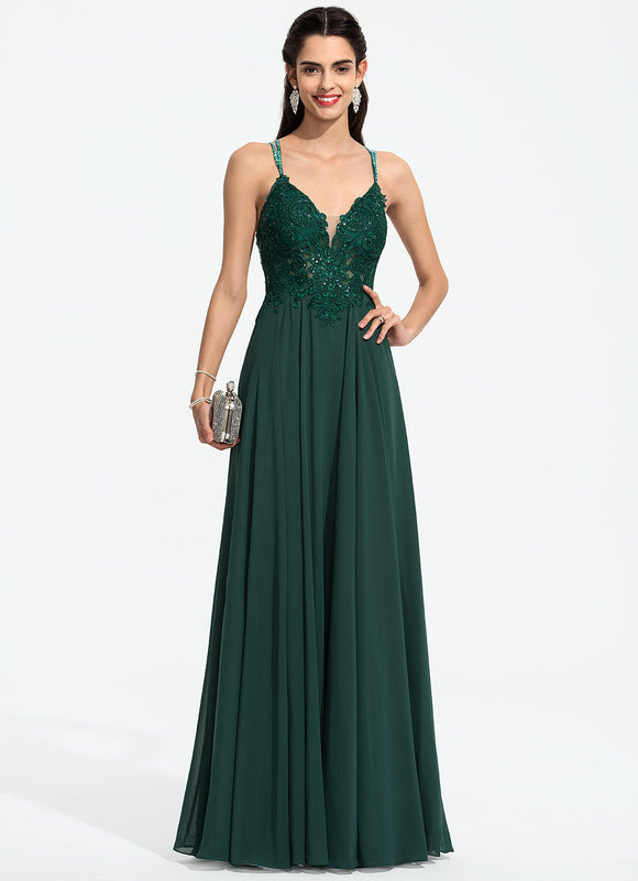 Robe Trapèze Verte En Mousseline Avec Perles Et Paillettes - gallery 3