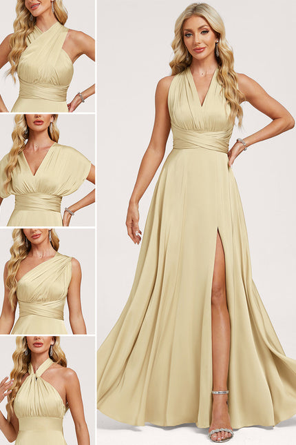 Robe Trapèze Beige Satin Décolleté Asymétrique