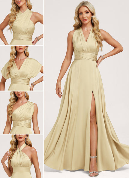 Robe Trapèze Beige Satin Décolleté Asymétrique