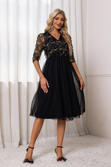 Robe Trapèze Noir Pailleté Élégant - gallery 6