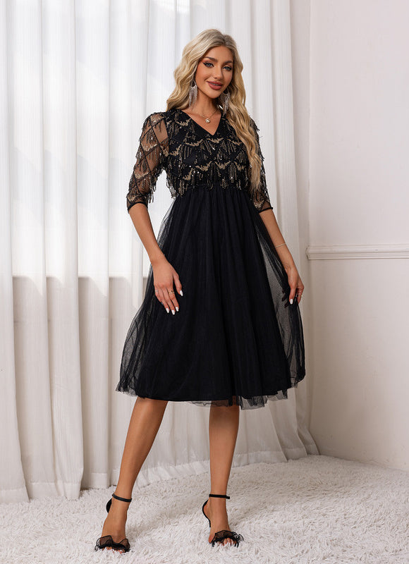 Robe Trapèze Noir Pailleté Élégant - gallery 6