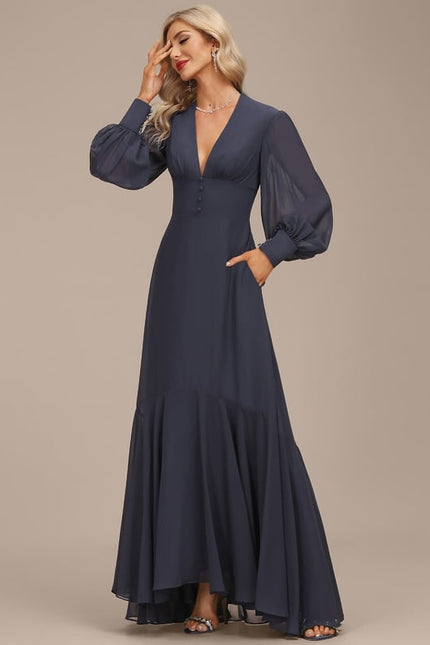Robe Trapèze Bleue Marine Asymétrique Mousseline - gallery 4