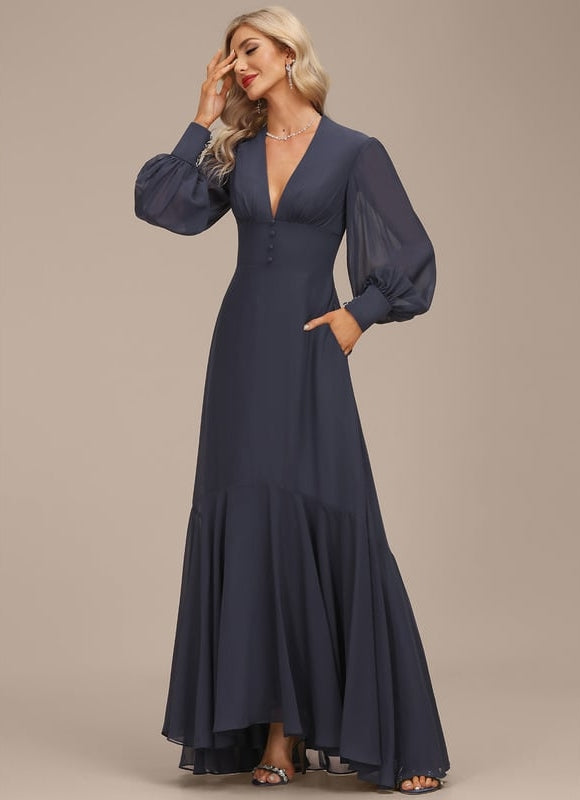 Robe Trapèze Bleue Marine Asymétrique Mousseline - gallery 4