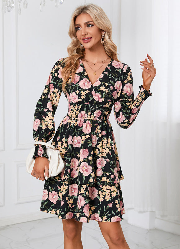 Robe Trapèze Fleurie Noire - gallery 6