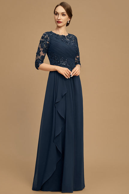 Robe Trapèze Bleue Marine Longue Dentelle - gallery 3