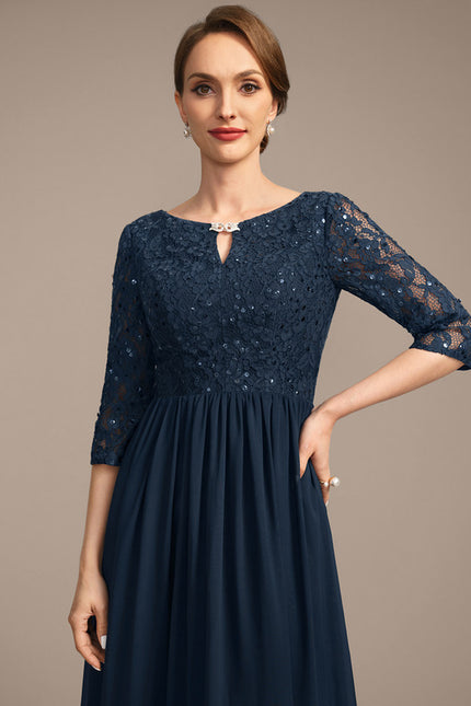 Robe Trapèze Bleu Marine Longue Dentelle Chandail Mariée - gallery 2