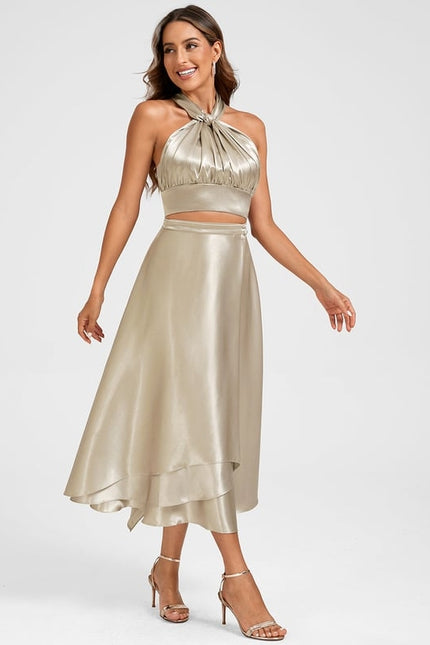 Robe Trapèze Satin Doré Élégant - gallery 2