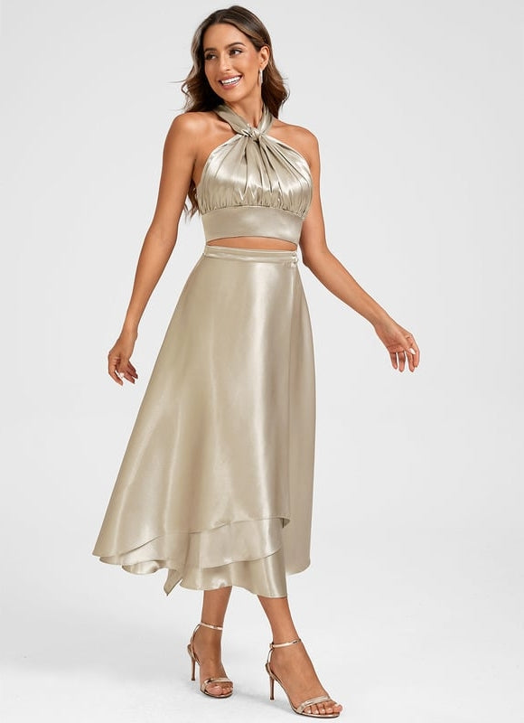 Robe Trapèze Satin Doré Élégant - gallery 2