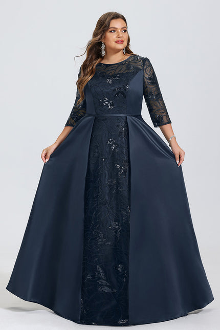 Robe Trapèze Bleue Marine Satin Dentelle Paillettes - gallery 6