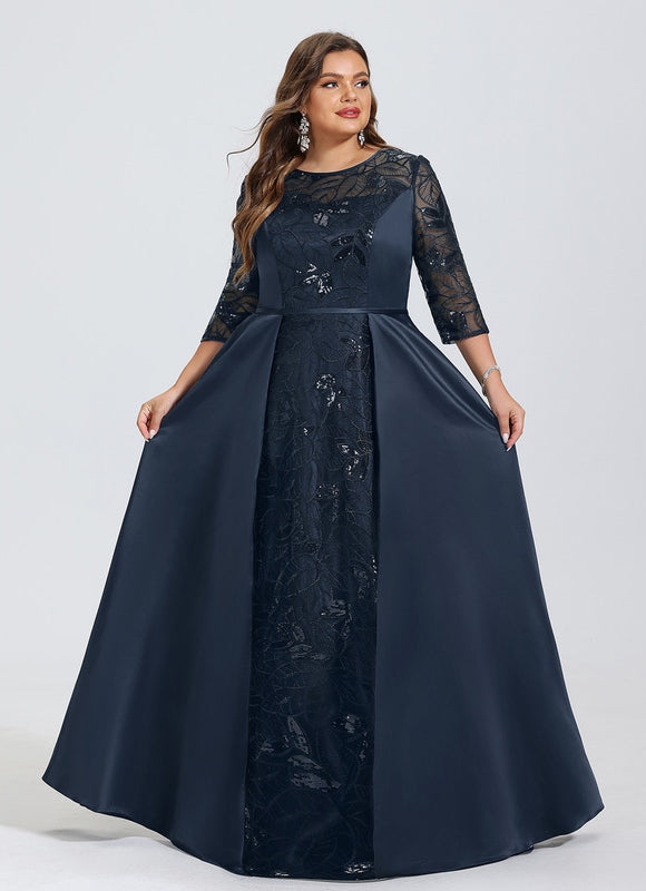 Robe Trapèze Bleue Marine Satin Dentelle Paillettes - gallery 6