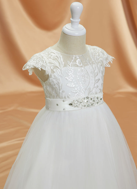 Robe Trapèze Blanche Dentelle Mariage Fille - gallery 1