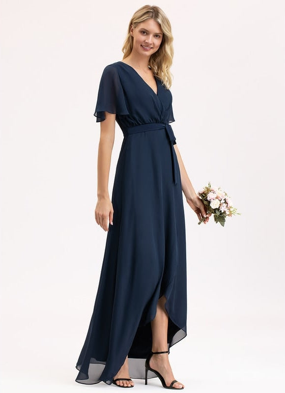 Robe Trapèze Bleu Marine Asymétrique Mousseline - gallery 3