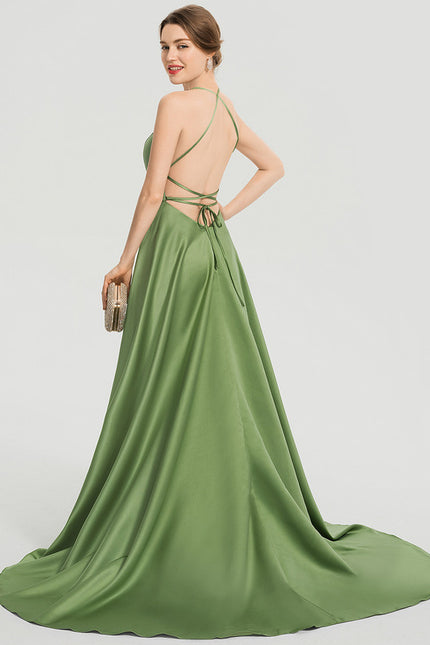 Robe Trapèze Vert Satin Bal Balayant - gallery 6