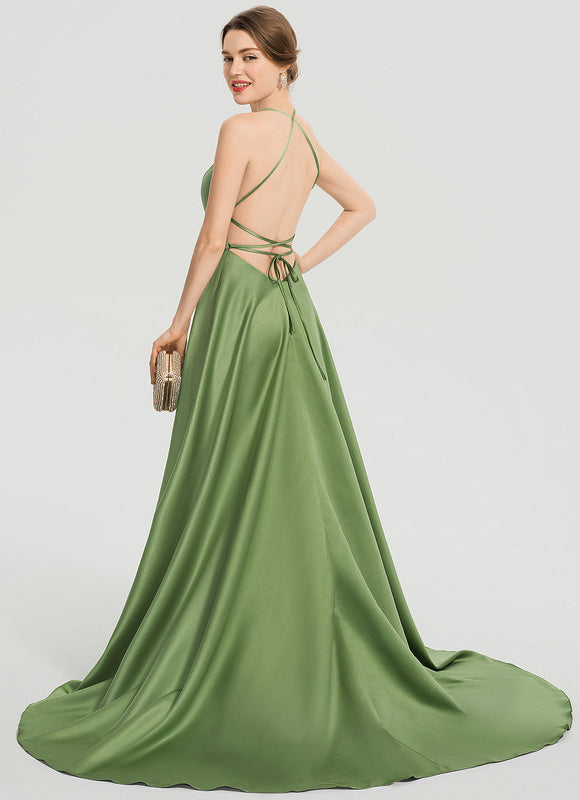 Robe Trapèze Vert Satin Bal Balayant - gallery 6