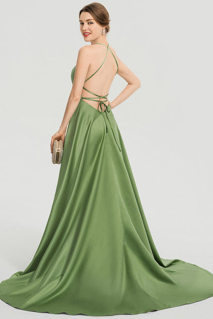 Robe Trapèze Vert Satin Bal Balayant - gallery 6