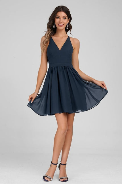 Robe Trapèze Bleue Marine Dentelle Mousseline - gallery 4